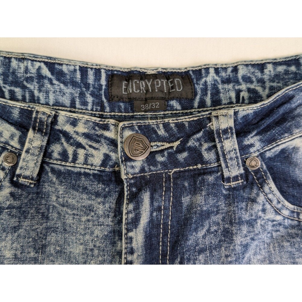 Encrypted NYC Mens Moto Biker Jeans 38x32 Blue Acid Wash Distressed Stretch - Picture 3 of 11